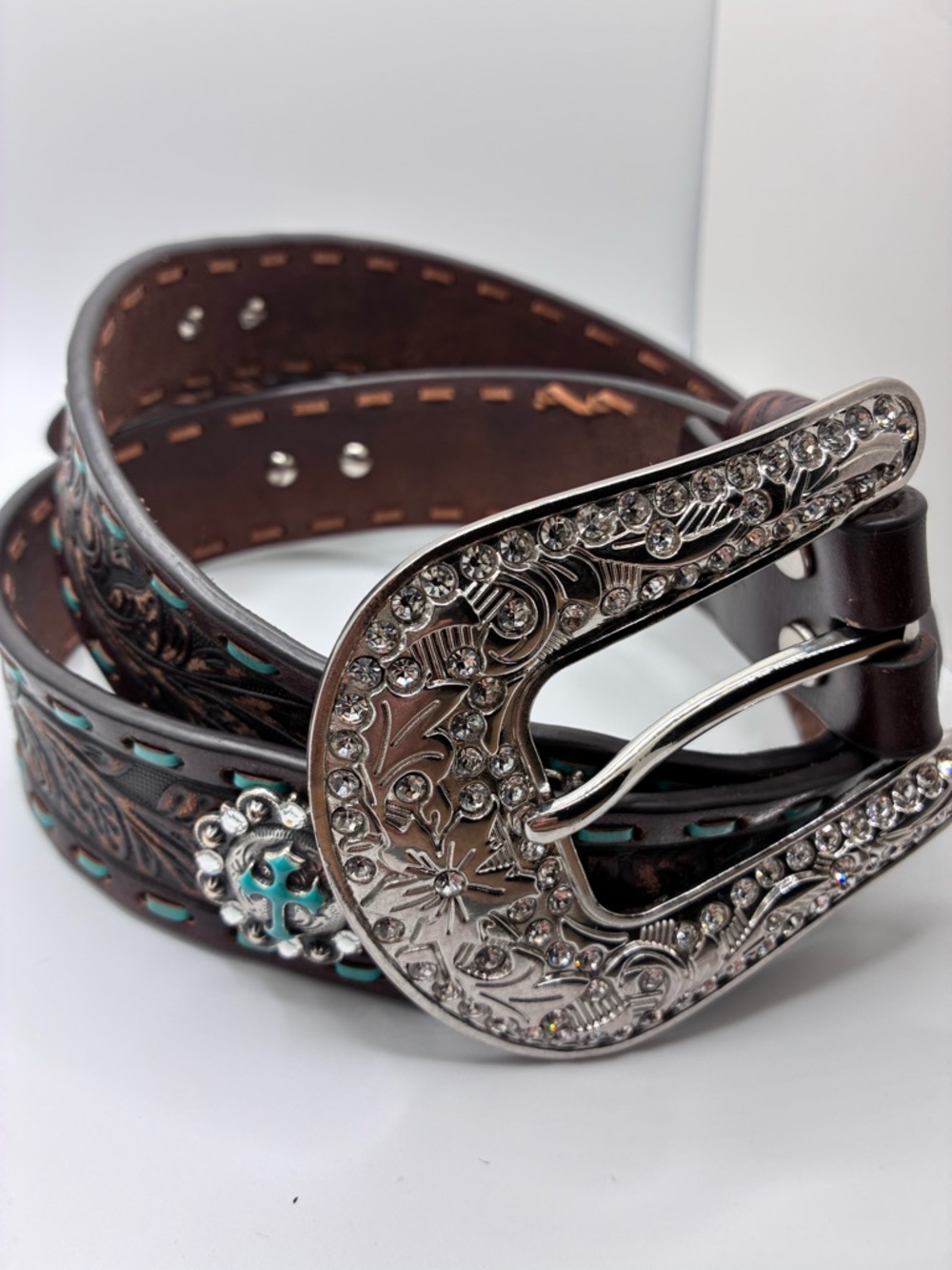 Western Crystal Accent Brown Leather Belt with Turquoise Inlay
